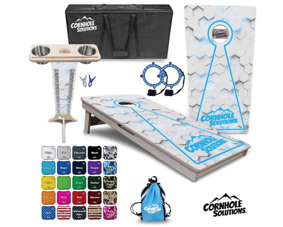 Tournament Cornhole Bundle Options- Blue Glowhole White - 2'x4' Regulation Set- 3/4″ BalticBirch +ScoreBrace +UV Direct Print +UV Clear Coat