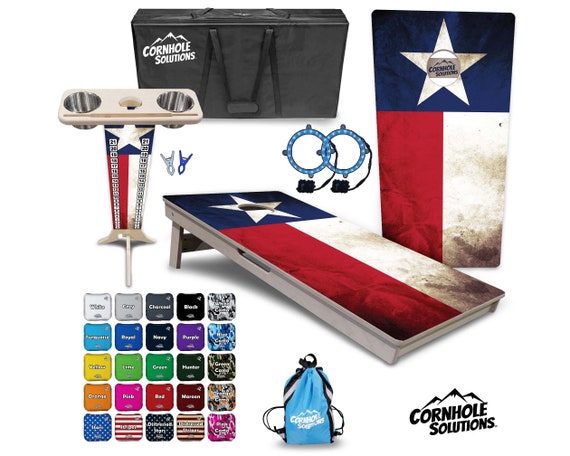 Tournament Cornhole Bundle Options - Texas Flag - 2'x4' Regulation Set - 3/4″ Baltic Birch +ScoreBrace +UV Direct Print +UV Clear Coat