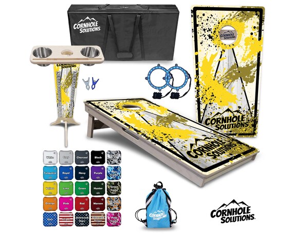 Tournament Cornhole Bundle Options - Yellow Splatter - 2'x4' Regulation Set - 3/4″ Baltic Birch +ScoreBrace +UV Direct Print +UV Clear Coat