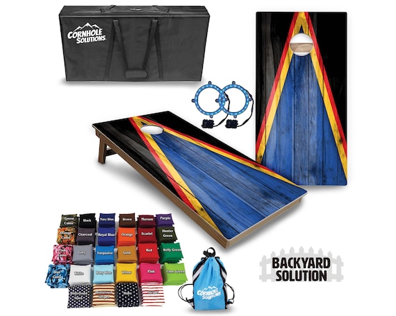 Backyard Cornhole Bundle Options - Blue, Red, Yellow & Black Triangle - 2'x4' Regulation Set + UV Direct Print + UV Clear Coat