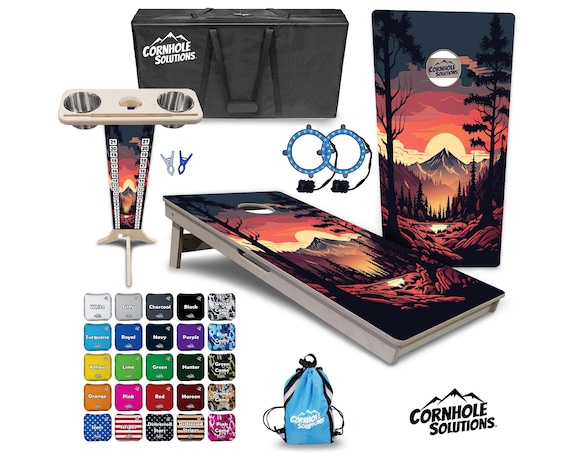 Tournament Cornhole Bundle Options- Mountain Sunset 1 - 2'x4' Regulation Set- 3/4″ Baltic Birch +Score Brace +UV Direct Print +UV Clear Coat