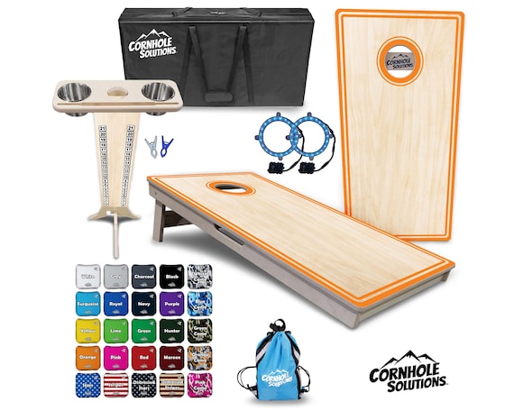 Tournament Cornhole Bundle Options- Orange Pin Stripe- 2'x4' Regulation Set- 3/4″ BalticBirch + ScoreBrace + UV Direct Print + UV Clear Coat