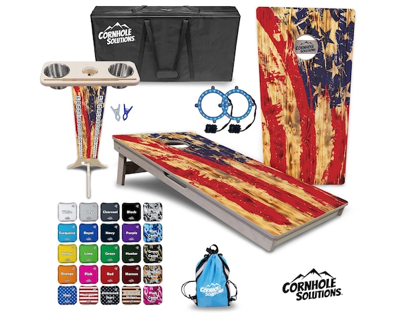 Tournament Cornhole Bundle Options - Faded Brush Flag - 2'x4' Regulation Set - 3/4″ Baltic Birch +ScoreBrace +UV Direct Print +UV Clear Coat