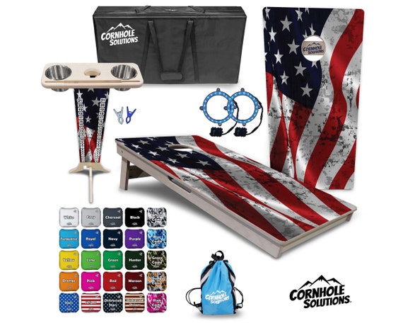 Tournament Cornhole Bundle Options- Wavy Distressed Flag- 2'x4' Regulation Set- 3/4″ BalticBirch +ScoreBrace +UV Direct Print +UV Clear Coat