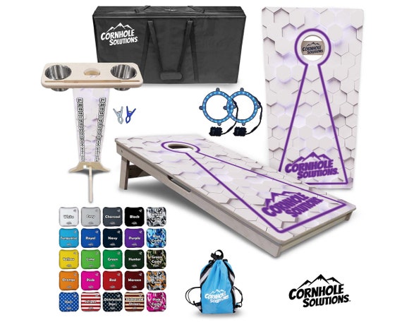 Tournament Cornhole Bundle Options- Purple Glowhole White 2'x4' Regulation Set- 3/4″ BalticBirch +ScoreBrace +UV Direct Print +UV Clear Coat