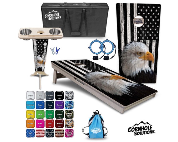 Tournament Cornhole Bundle Options - B&W Eagle Flag - 2'x4' Regulation Set - 3/4″ Baltic Birch +ScoreBrace +UV Direct Print +UV Clear Coat