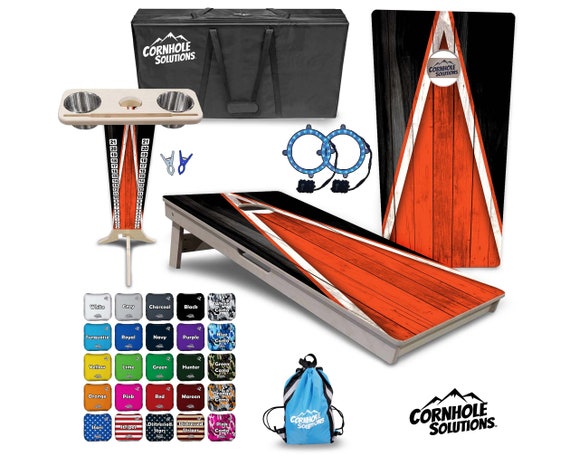 Tournament Cornhole Bundle Options- Dark Org & Blk Triangle- 2'x4' Regulation - 3/4″ BalticBirch +ScoreBrace +UV Direct Print +UV Clear Coat