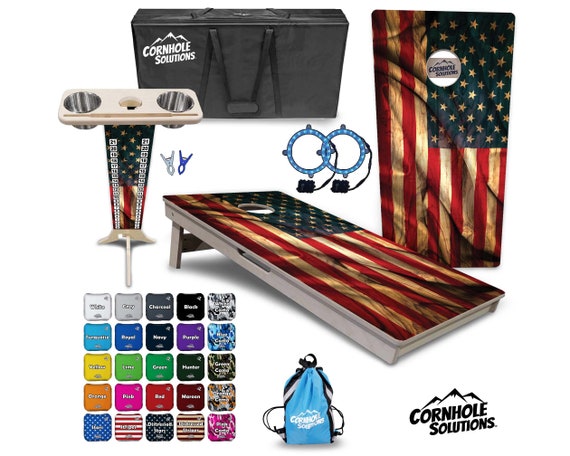 Tournament Cornhole Bundle Options- USA Flag w/Color- 2'x4' Regulation Set - 3/4″ Baltic Birch +ScoreBrace +UV Direct Print +UV Clear Coat