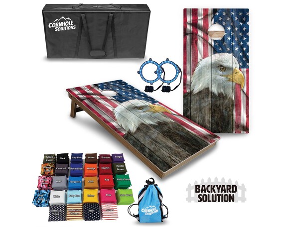 Backyard Cornhole Bundle Options - Faded Eagle Flag - 2'x4' Regulation Set + UV Direct Print + UV Clear Coat