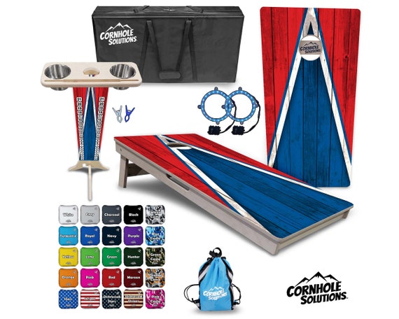 Tournament Cornhole Bundle Options- Royal & Red Triangle- 2'x4' Regulation Set- 3/4″ BalticBirch +ScoreBrace +UV Direct Print +UV Clear Coat