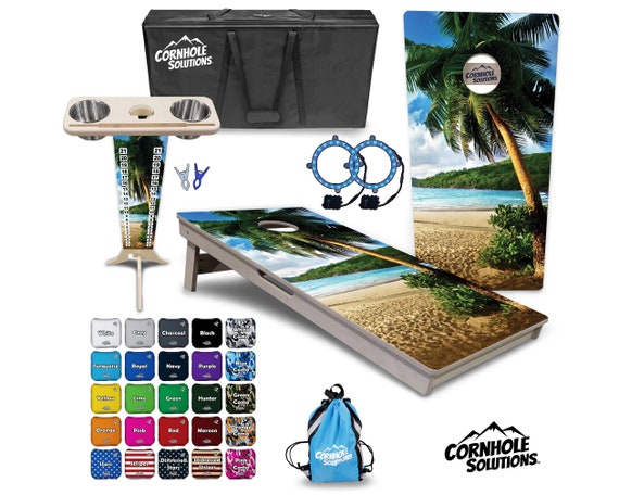 Tournament Cornhole Bundle Options- Beach Ocean Scene - 2'x4' Regulation Set - 3/4″ Baltic Birch +ScoreBrace +UV Direct Print +UV Clear Coat