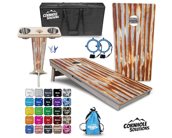 Tournament Cornhole Bundle Options - Rusted Tin Roof - 2'x4' Regulation - 3/4″ Baltic Birch +Score Brace +UV Direct Print +UV Clear Coat