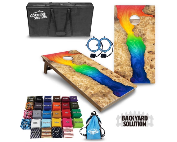 Backyard Cornhole Bundle Options - Rainbow Gradient Epoxy - 2'x4' Regulation Set + UV Direct Print + UV Clear Coat