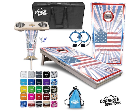 Tournament Cornhole Bundle Options- StarBust Flag CS Logo- 2'x4' Regulation Set- 3/4″BalticBirch +ScoreBrace +UV Direct Print +UV Clear Coat