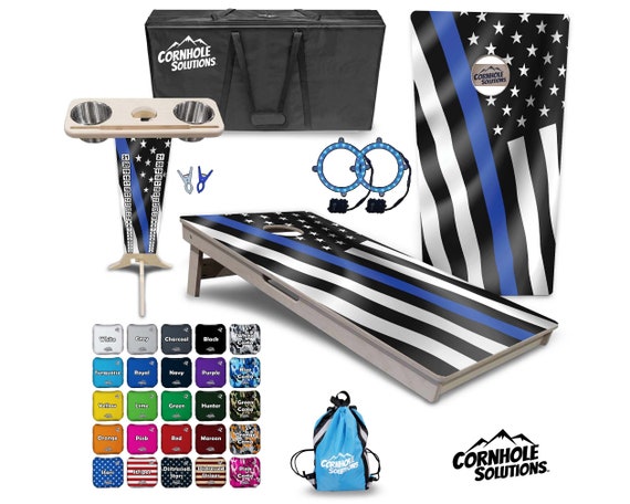 Tournament Cornhole Bundle Options- Blue Line Wavy Flag- 2'x4' Regulation- 3/4″ Baltic Birch + ScoreBrace + UV Direct Print + UV Clear Coat