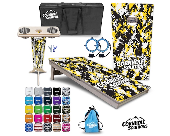 Tournament Cornhole Bundle Options- Yellow Digital Camo 2'x4' Regulation Set-3/4″ BalticBirch + ScoreBrace + UV Direct Print + UV Clear Coat