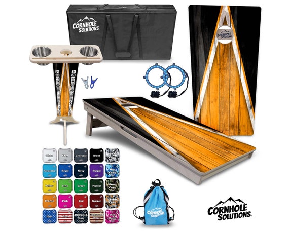Tournament Cornhole Bundle Options- Org & Blk Triangle- 2'x4' Regulation Set- 3/4″ BalticBirch +ScoreBrace +UV Direct Print +UV Clear Coat