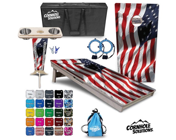 Tournament Cornhole Bundle Options - Waving Flag - 2'x4' Regulation Set - 3/4″ BalticBirch +ScoreBrace +UV Direct Print +UV Clear Coat