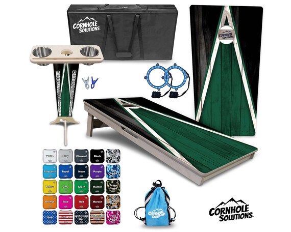 Tournament Cornhole Bundle Options- Green Blk Triangle- 2'x4' Regulation Set - 3/4″ Baltic Birch +ScoreBrace +UV Direct Print +UV Clear Coat