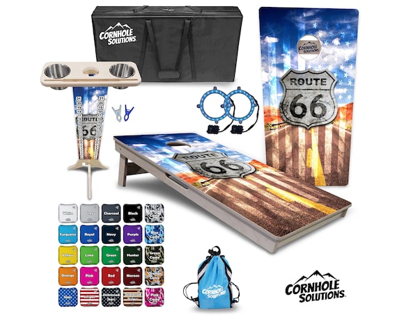 Tournament Cornhole Bundle Options - Route 66 - 2'x4' Regulation - 3/4″ Baltic Birch +Score Brace +UV Direct Print +UV Clear Coat