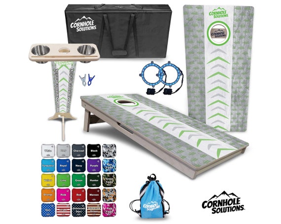 Tournament Cornhole Bundle Options- Runway Design Green- 2'x4' Regulation Set- 3/4″ Baltic Birch +ScoreBrace +UV Direct Print +UV Clear Coat