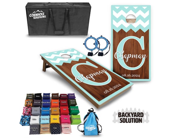 Backyard Cornhole Bundle Options - Mint Chevron Wedding Design - 2'x4' Regulation Set + UV Direct Print + UV Clear Coat