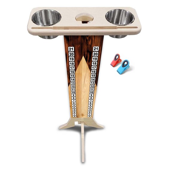 Score Stand - Wooden Triangle - Phone/Tablet Holder - Stainless Steel Cup Holders & Scoring Clips Included!