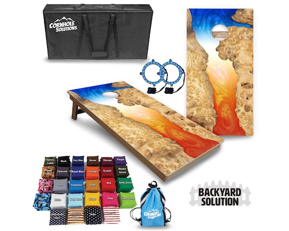 Backyard Cornhole Bundle Options - Blue/Orange Gradient Epoxy - 2'x4' Regulation Set + UV Direct Print + UV Clear Coat