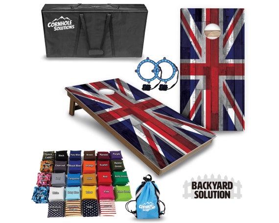 Backyard Cornhole Bundle Options - Union Jack Wood Plank Flag - 2'x4' Regulation Set + UV Direct Print + UV Clear Coat