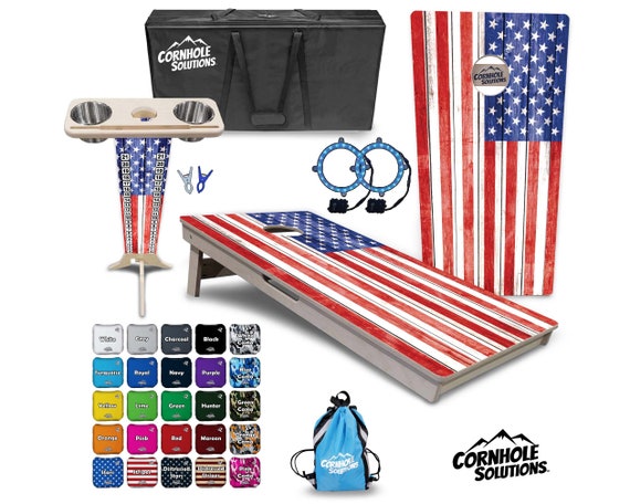 Tournament Cornhole Bundle Options - Whitewash Flag - 2'x4' Regulation Set - 3/4″ Baltic Birch +ScoreBrace +UV Direct Print +UV Clear Coat