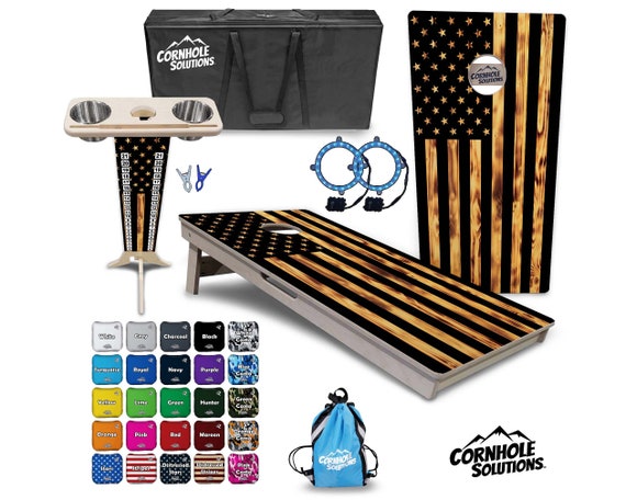 Tournament Cornhole Bundle Options- Burnt Rustic Flag - 2'x4' Regulation Set - 3/4″ Baltic Birch +ScoreBrace +UV Direct Print +UV Clear Coat