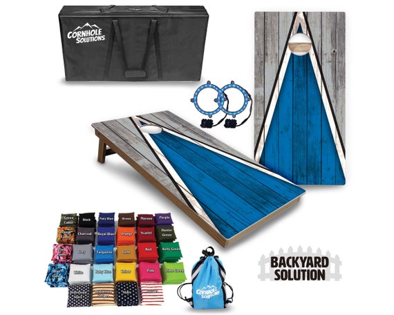 Backyard Cornhole Bundle Options - Blue & Grey Triangle - 2'x4' Regulation Set + UV Direct Print + UV Clear Coat