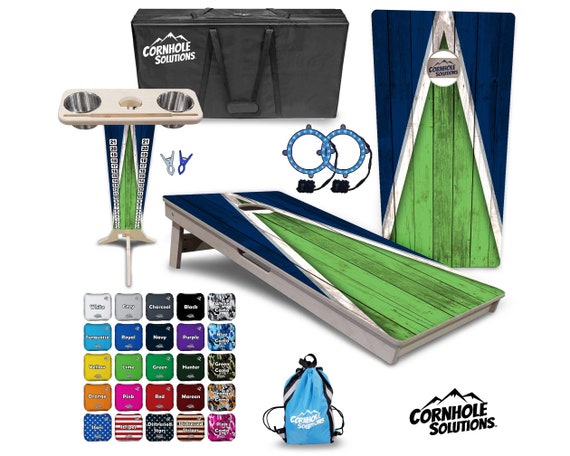 Tournament Cornhole Bundle Options- Lime & Navy Triangle- 2'x4' Regulation Set- 3/4″ BalticBirch +ScoreBrace +UV Direct Print +UV Clear Coat