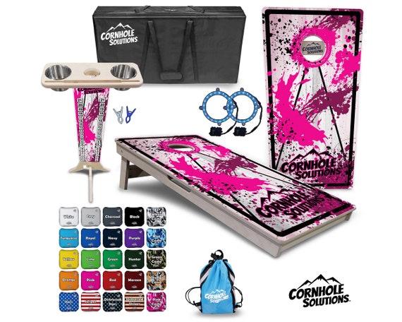 Tournament Cornhole Bundle Options - Pink Splatter - 2'x4' Regulation Set - 3/4″ Baltic Birch +ScoreBrace +UV Direct Print +UV Clear Coat