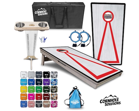 Tournament Cornhole Bundle Options- Red Hole/Tri w/Grey- 2'x4' Regulation Set- 3/4″ BalticBirch +ScoreBrace +UV Direct Print +UV Clear Coat