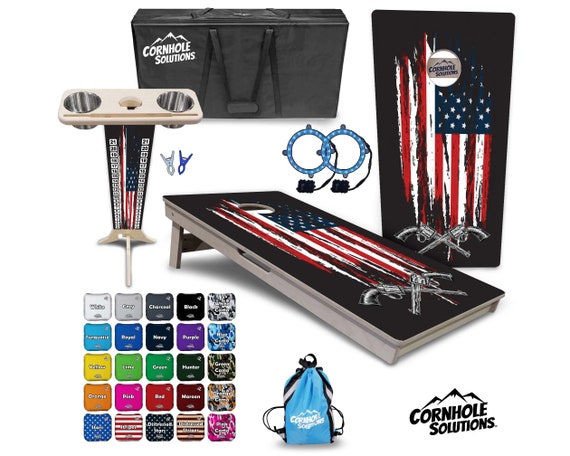 Tournament Cornhole Bundle Options - Gun Flag - 2'x4' Regulation Set- 3/4″ BalticBirch +ScoreBrace +UV Direct Print +UV Clear Coat