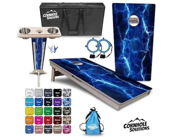 Tournament Cornhole Bundle Options - Blue Lightning - 2'x4' Regulation - 3/4″ Baltic Birch +Score Brace +UV Direct Print +UV Clear Coat