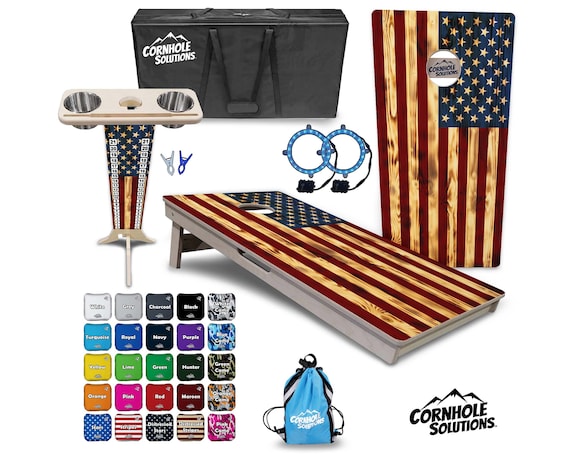 Tournament Cornhole Bundle Options- Burnt Flag w/Color- 2'x4' Regulation Set - 3/4″ Baltic Birch +ScoreBrace +UV Direct Print +UV Clear Coat