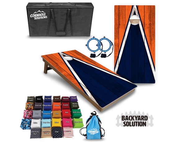 Backyard Cornhole Bundle Options - Navy & Orange Triangle - 2'x4' Regulation Set + UV Direct Print + UV Clear Coat