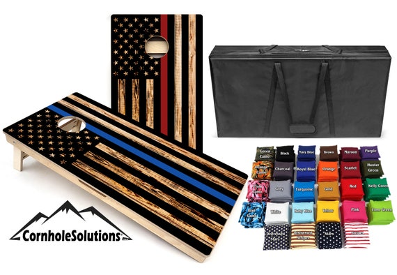 Thin Blue & Red Line Flag Design Cornhole Solutions Bundle - Includes(2) Regulation Boards and (8)Bags, with a Carrying Case! Free Shipping!