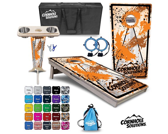 Tournament Cornhole Bundle Options - Orange Splatter - 2'x4' Regulation Set - 3/4″ Baltic Birch +ScoreBrace +UV Direct Print +UV Clear Coat