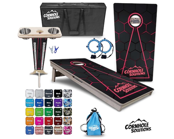 Tournament Cornhole Bundle Options- Fuchsia Glowhole Blk- 2'x4' Regulation Set- 3/4″ BalticBirch +ScoreBrace +UV Direct Print +UV Clear Coat