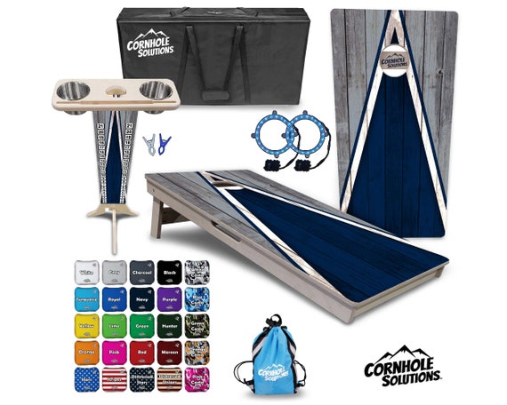 Tournament Cornhole Bundle Options- Navy & Grey Triangle- 2'x4' Regulation Set- 3/4″ BalticBirch +ScoreBrace +UV Direct Print +UV Clear Coat