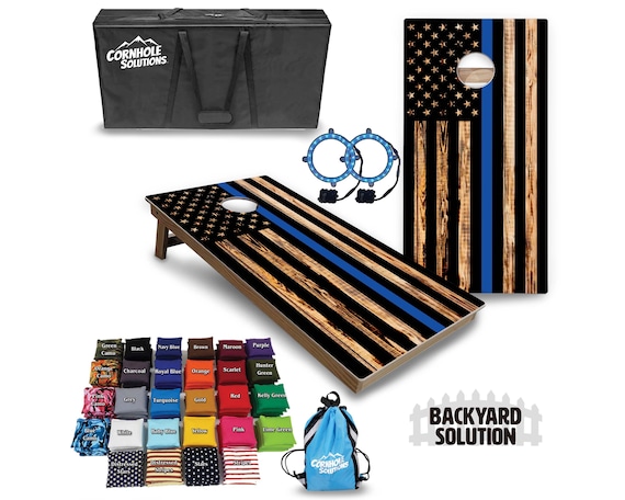Backyard Cornhole Bundle Options - Blue Line Burnt Flag - 2'x4' Regulation Set + UV Direct Print + UV Clear Coat