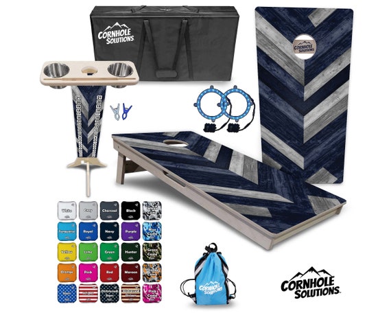 Tournament Cornhole Bundle Options - Blue Herringbone - 2'x4' Regulation Set - 3/4″ Baltic Birch +ScoreBrace +UV Direct Print +UV Clear Coat