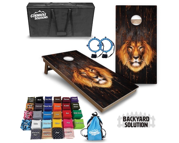 Backyard Cornhole Bundle Options - Dark Burnt Wood Lion - 2'x4' Regulation Set + UV Direct Print + UV Clear Coat