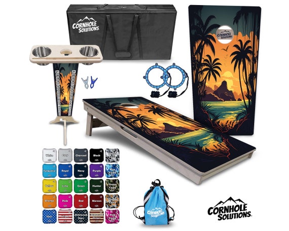 Tournament Cornhole Bundle Options - Beach Sunset 3 - 2'x4' Regulation Set - 3/4″ Baltic Birch +Score Brace +UV Direct Print +UV Clear Coat