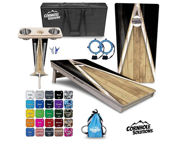 Tournament Cornhole Bundle Options- Beige/Blk Triangle- 2'x4' Regulation Set - 3/4″ Baltic Birch +ScoreBrace +UV Direct Print +UV Clear Coat