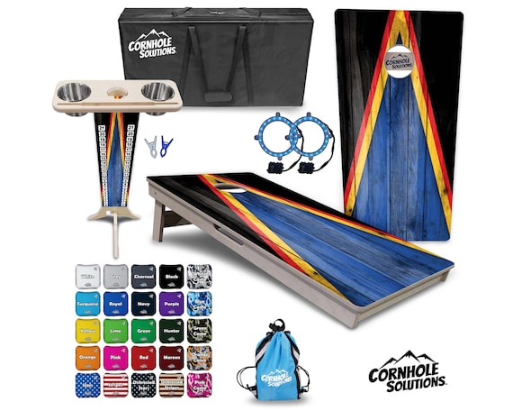 Tournament Cornhole Bundle - Blue Red Yellow Triangle - 2'x4' Regulation Set - 3/4″ Baltic Birch +ScoreBrace +UV Direct Print +UV Clear Coat