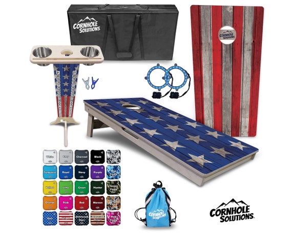 Tournament Cornhole Bundle Options- Colorful Lg Stars Stripes- 2'x4' Regulation Set- 3/4″ BalticBirch +ScoreBrace +UV Direct Print +UV Clear